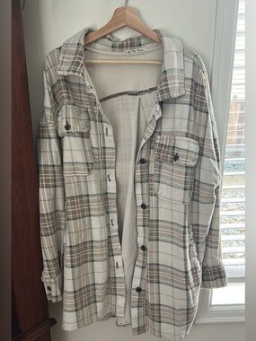 We the free Plaid Button-Up Shacket in Cream and Olive